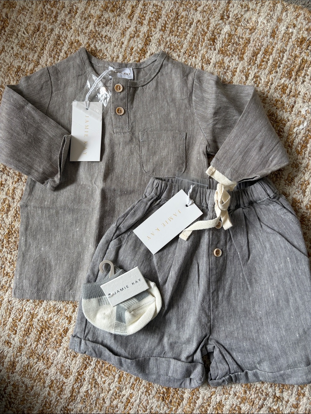 Jamie Kay Neutral Gray Linen Top, Shorts & Socks